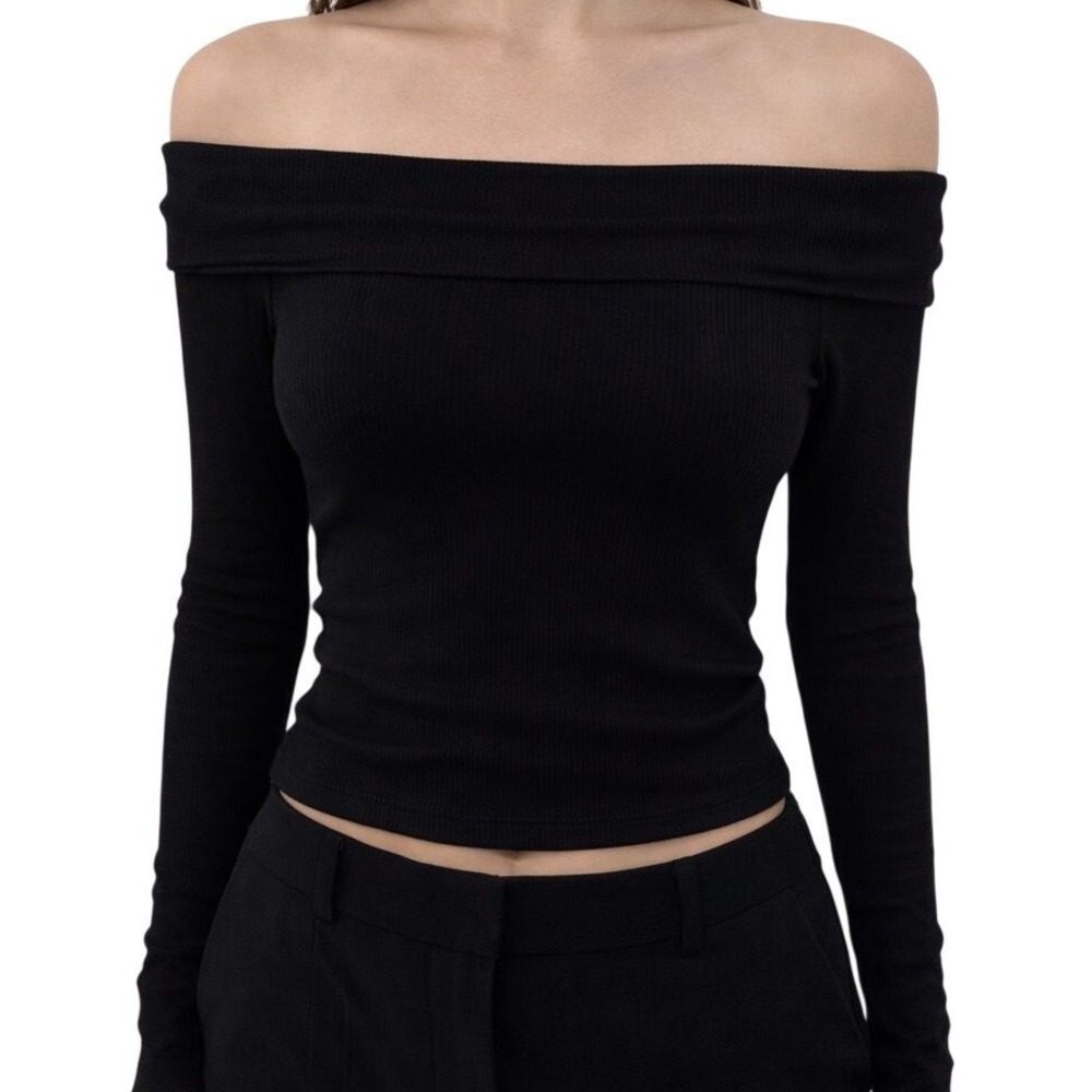 Black Off Shoulder Ribbed Top Long Sleeve Sm Minimalist Bodycon Stretch Fitted S